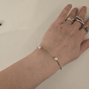 Vintage Gold Tone Faux Pearl Station Bracelet Pale Gold 7.5" VINTAGE Dainty